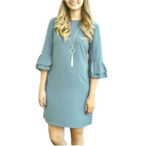 CES FEMME Aqua Crepe Dress Exposed Zipper Sleeve Flounces Women’s SIZE M